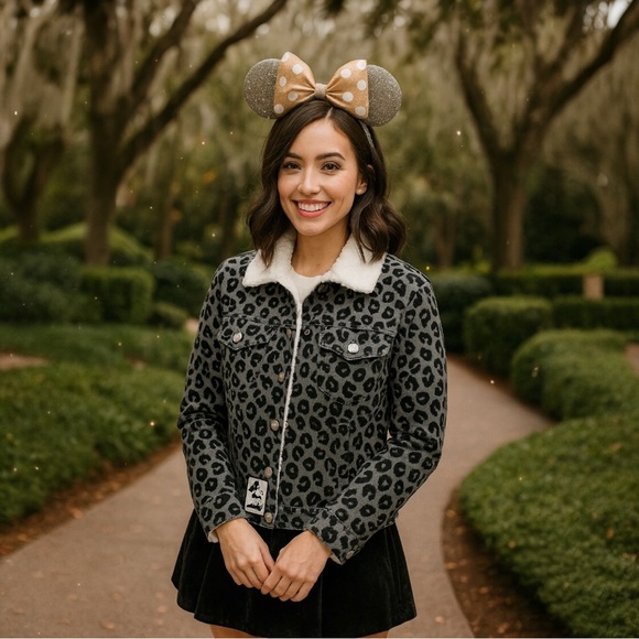 DISNEY Mickey Mouse leopard print grey black Sherpa shacket jacket crop coat S - Picture 1 of 17